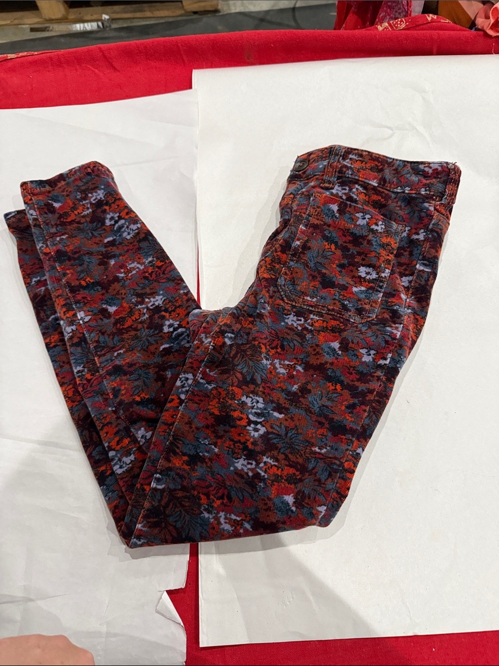 Pilcro and the Letterpress Red and Blue Floral corduroy Skinny Pants